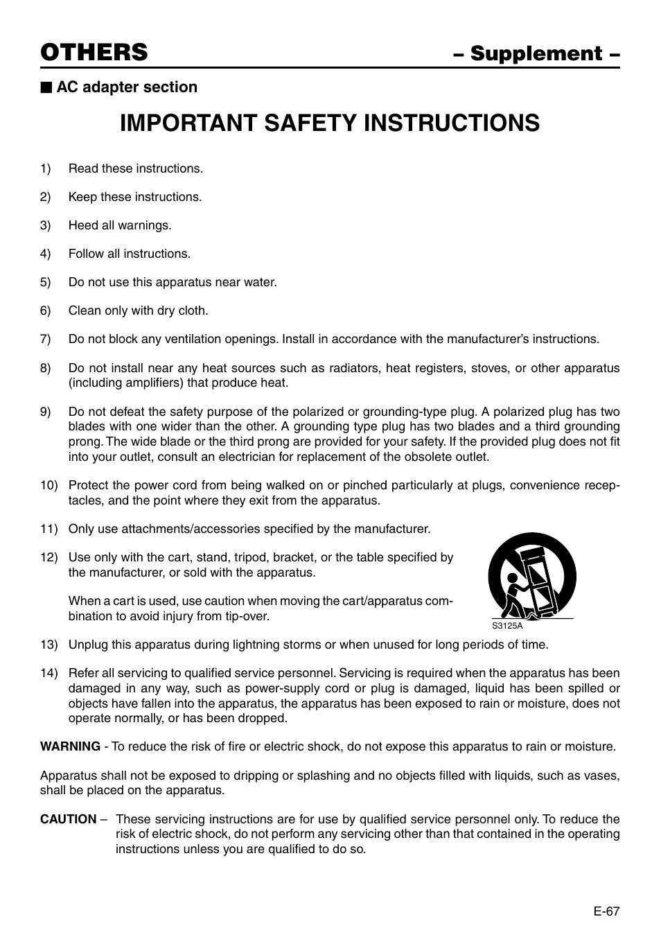 Supplement, Others, Important safety instructions | Panasonic AG-DV2500P User Manual | Page 67 / 68