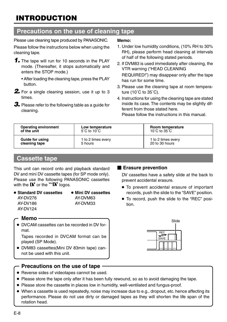 Precautions on the use of cleaning tape, Cassette tape, Introduction | Precautions on the use of tape | Panasonic AG-DV2500P User Manual | Page 8 / 68