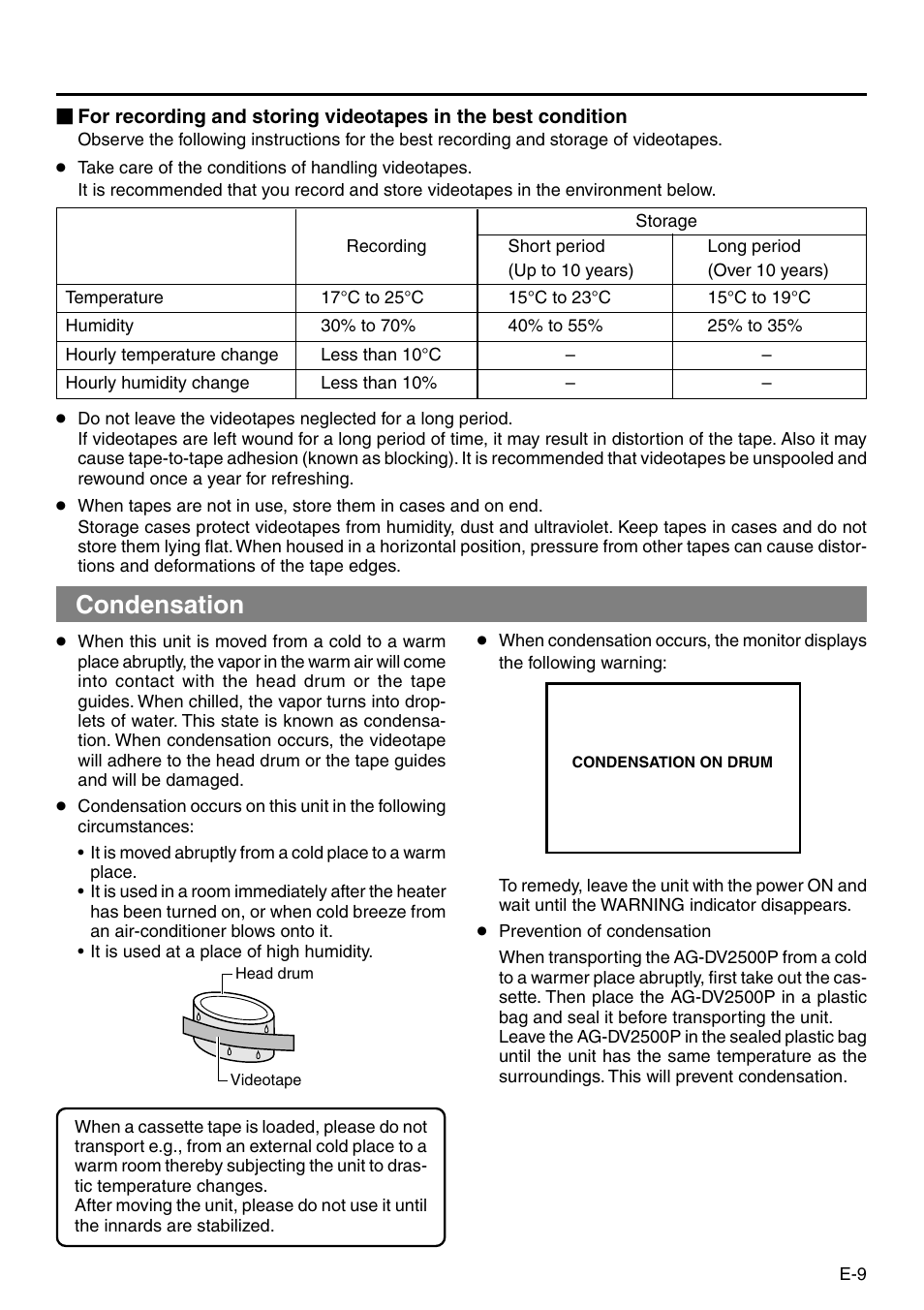 Condensation | Panasonic AG-DV2500P User Manual | Page 9 / 68