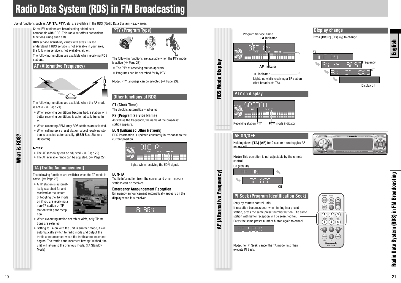 Radio data system (rds) in fm broadcasting, English radio data system (rds) in fm broadcasting, Rds mode display af (alternative frequency) | What is rds, Af on/off, Pi seek (program identification seek), Display change, Pty on display, Af (alternative frequency), Ta (traffic announcement) | Panasonic CQ-C7300N User Manual | Page 11 / 22