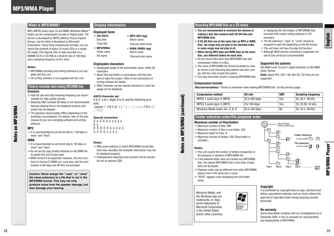 Mp3/wma player, English mp3/wma player, Recording mp3/wma files on a cd-media | Folder selection order/file playback order, What is mp3/wma, Points to remember when making mp3/wma files, Display information | Panasonic CQ-C7300N User Manual | Page 15 / 22