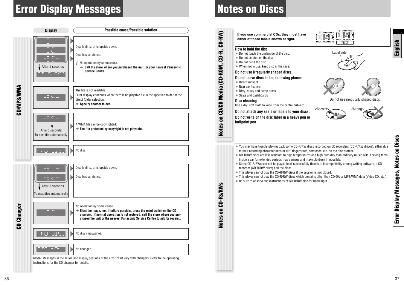 Error display messages, English, Cd/mp3/wma cd changer | Panasonic CQ-C7300N User Manual | Page 19 / 22