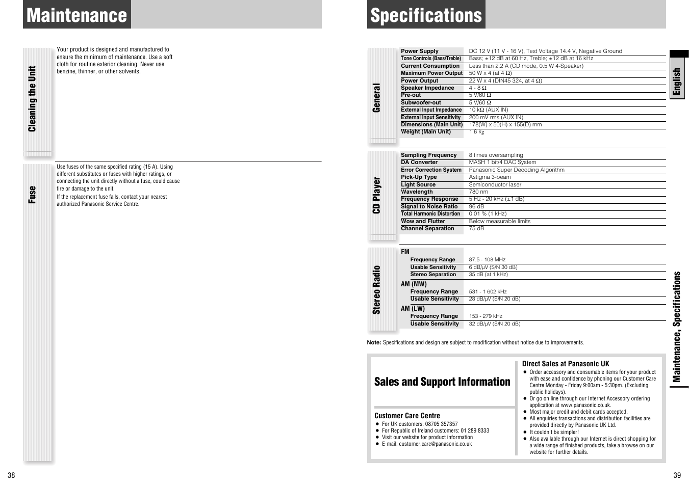 Specifications, Maintenance, Sales and support information | English maintenance, specifications, General cd player stereo radio, Cleaning the unit fuse | Panasonic CQ-C7300N User Manual | Page 20 / 22