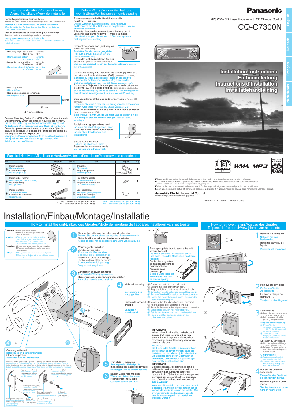 C7300n_inst.pdf, Installation/einbau/montage/installatie, Cq-c7300n | Cq-c7300n band, English deutsc h français nederlands | Panasonic CQ-C7300N User Manual | Page 21 / 22