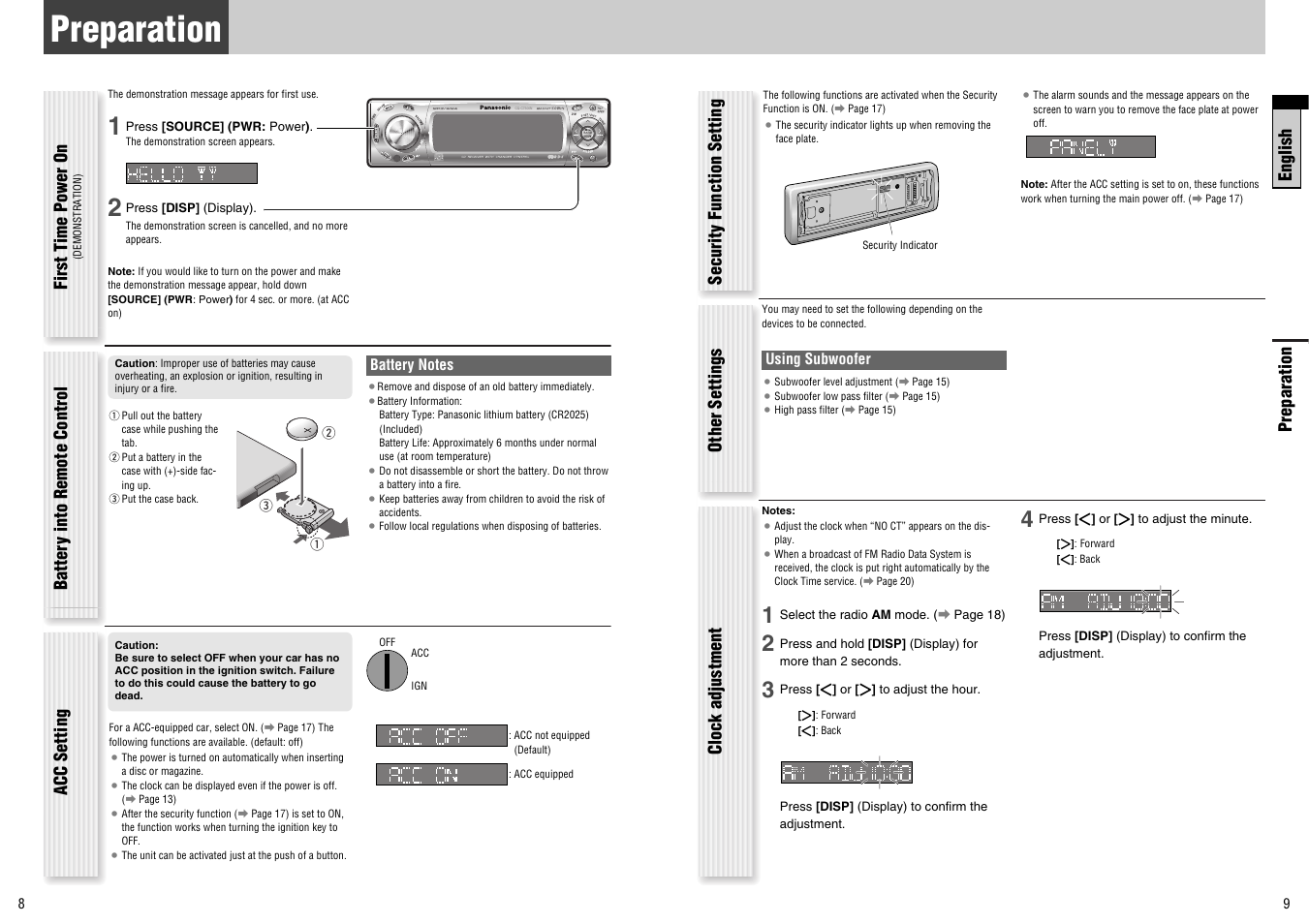 Preparation, English, Other settings security function setting | Panasonic CQ-C7300N User Manual | Page 5 / 22