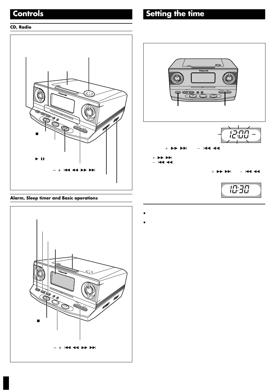 Setting the time, Controls, Press [disp/-time set | Cd clock rad io, Cd clock radio doze, Cd, radio alarm, sleep timer and basic operations | Panasonic RC-CD300 User Manual | Page 3 / 8