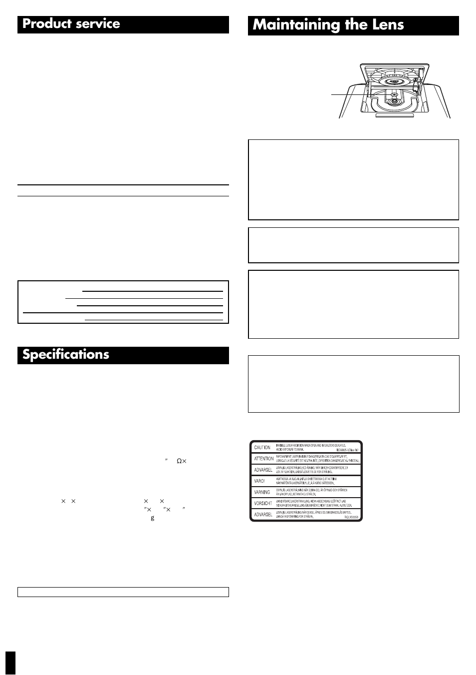 Maintaining the lens, Product service, Specifications | Warning, Caution | Panasonic RC-CD300 User Manual | Page 8 / 8