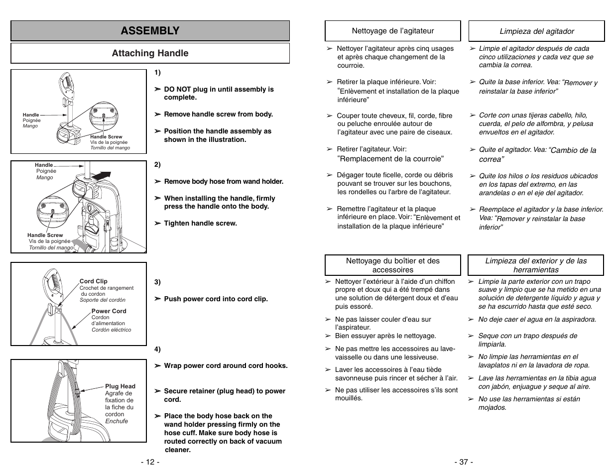 Assembly, Attaching handle | Panasonic MC-UG775 User Manual | Page 12 / 48