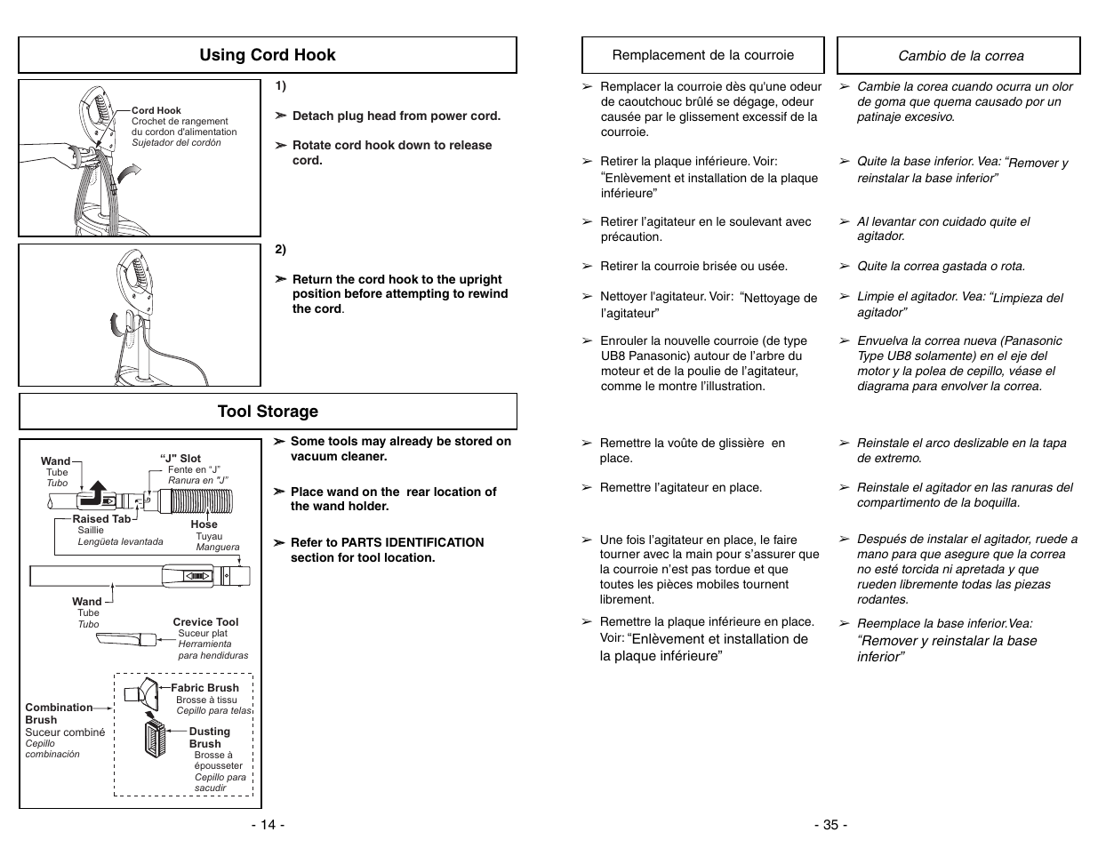 Using cord hook, Tool storage, Using cord hook tool storage | Panasonic MC-UG775 User Manual | Page 14 / 48