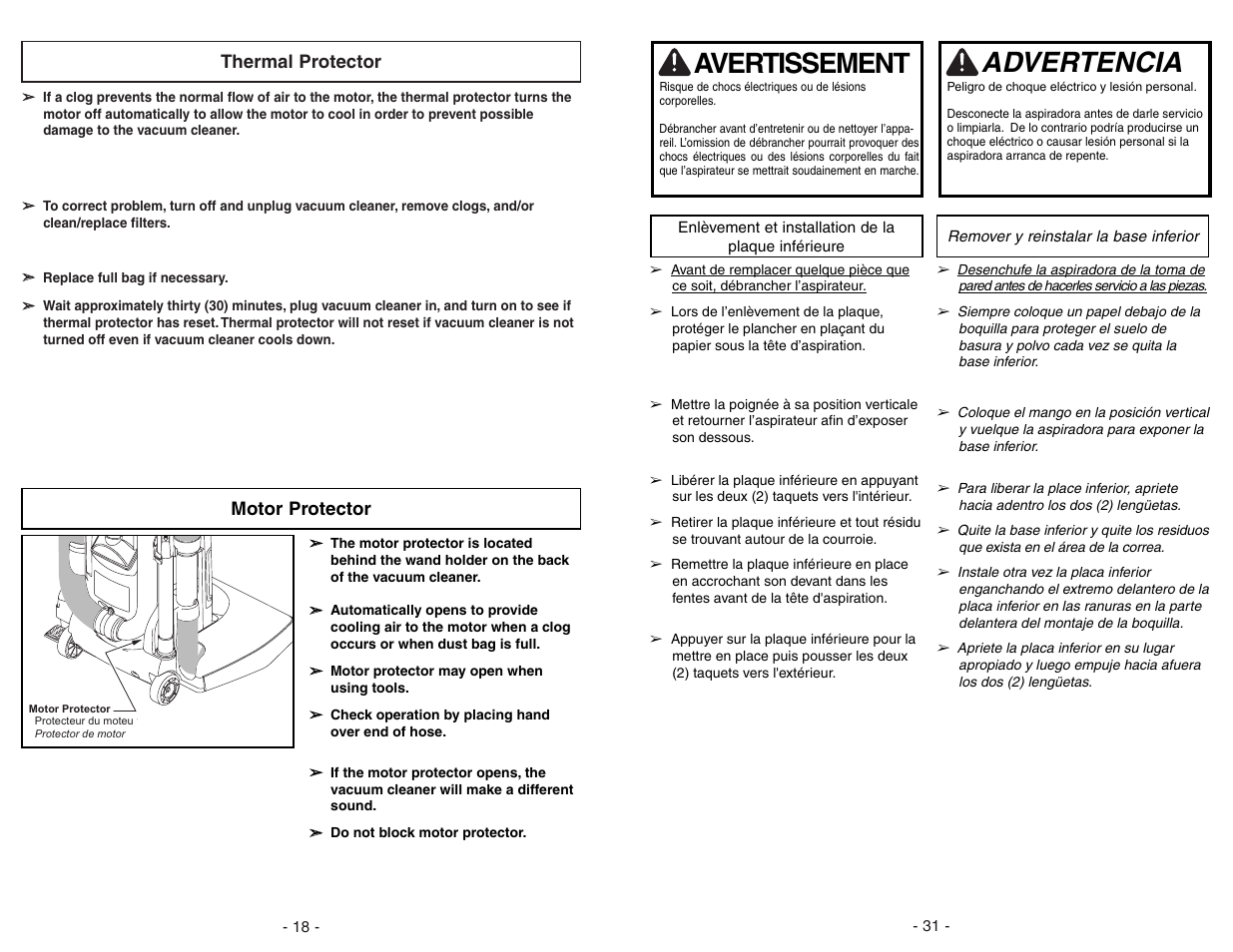 Thermal protector, Motor protector, Advertencia | Avertissement | Panasonic MC-UG775 User Manual | Page 18 / 48