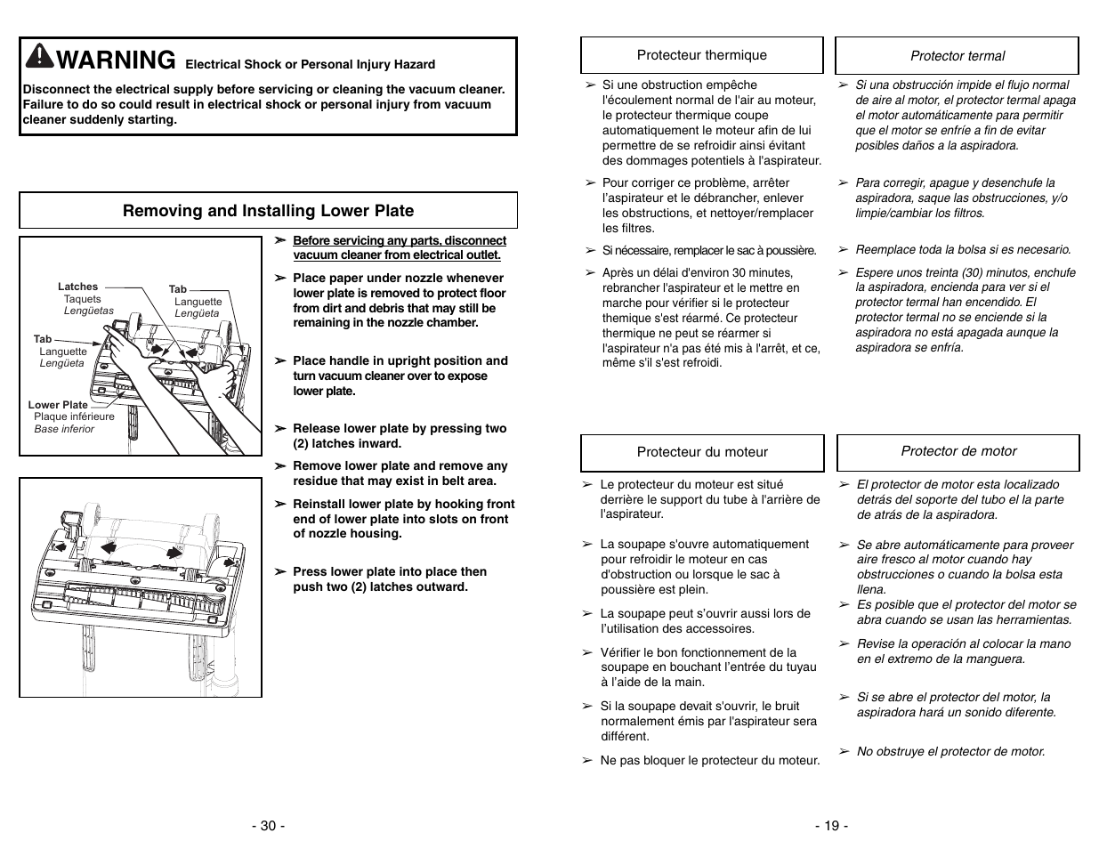 Protecteur thermique, Protecteur du moteur, Protector termal | Protector de motor, Warning, Removing and installing lower plate | Panasonic MC-UG775 User Manual | Page 19 / 48
