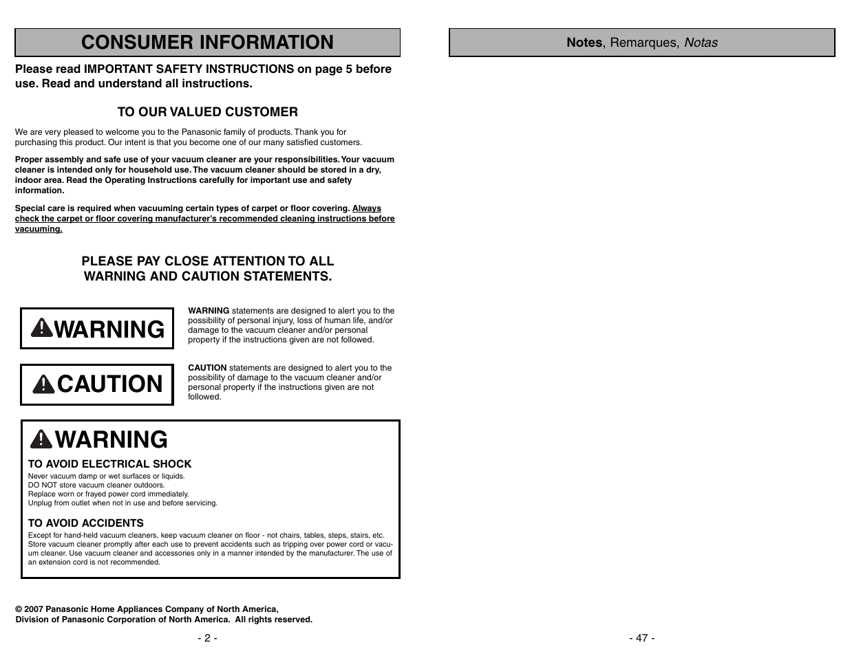 Consumer information, Warning, Caution | Panasonic MC-UG775 User Manual | Page 2 / 48