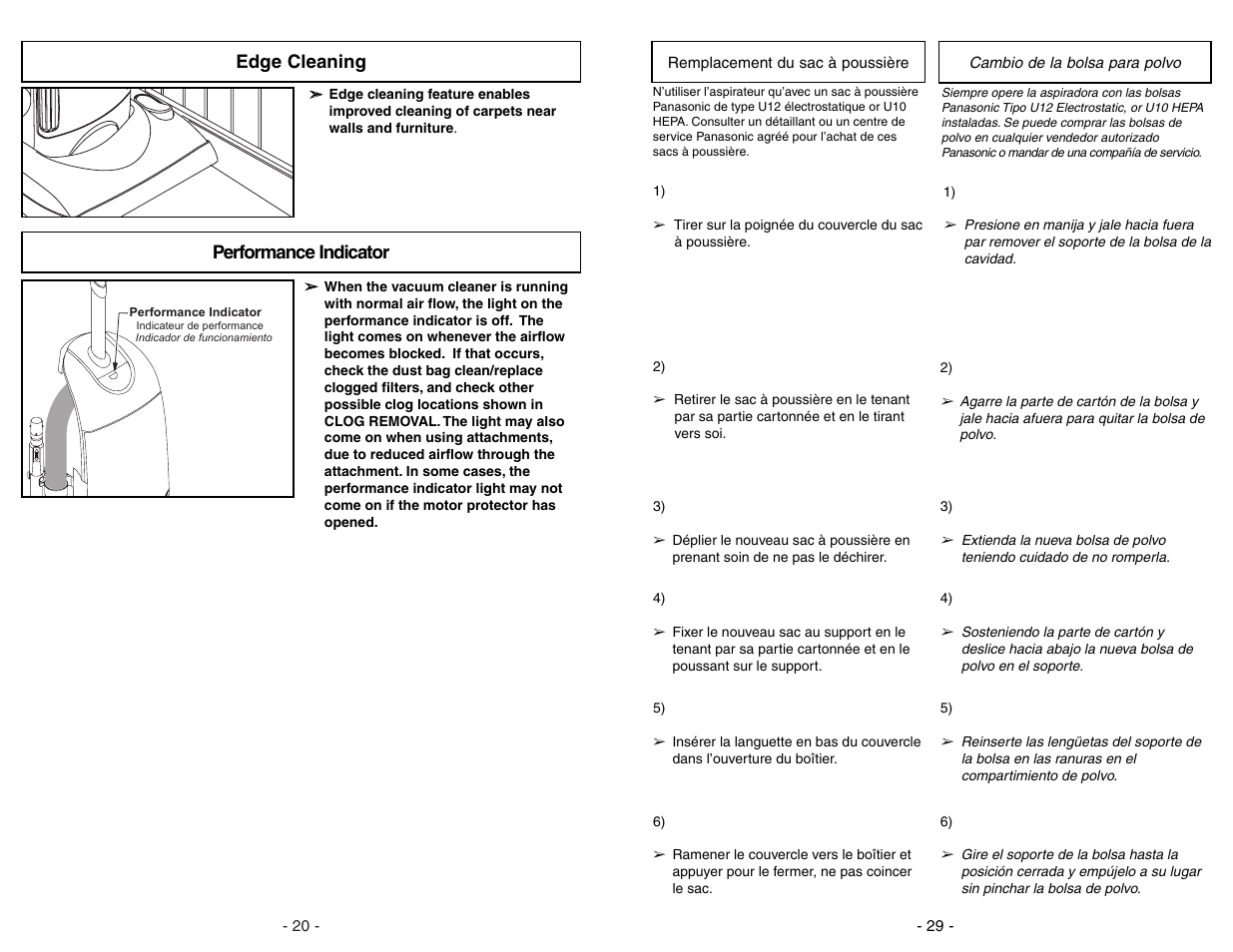 Edge cleaning, Performance indicator | Panasonic MC-UG775 User Manual | Page 20 / 48