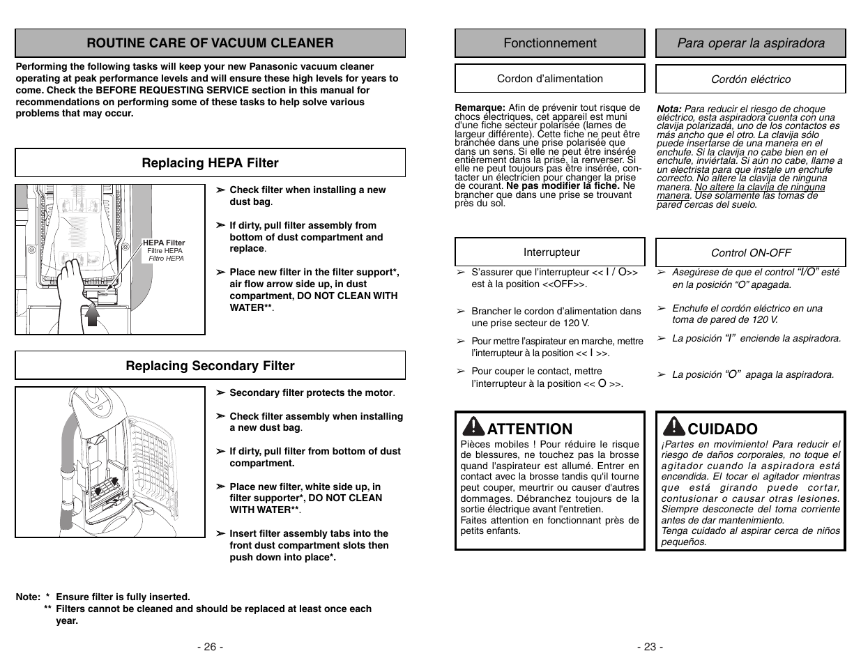 Fonctionnement, Cordon d’alimentation, Interrupteur | Para operar la aspiradora, Cordón eléctrico, Control on-off, Attention, Cuidado | Panasonic MC-UG775 User Manual | Page 23 / 48