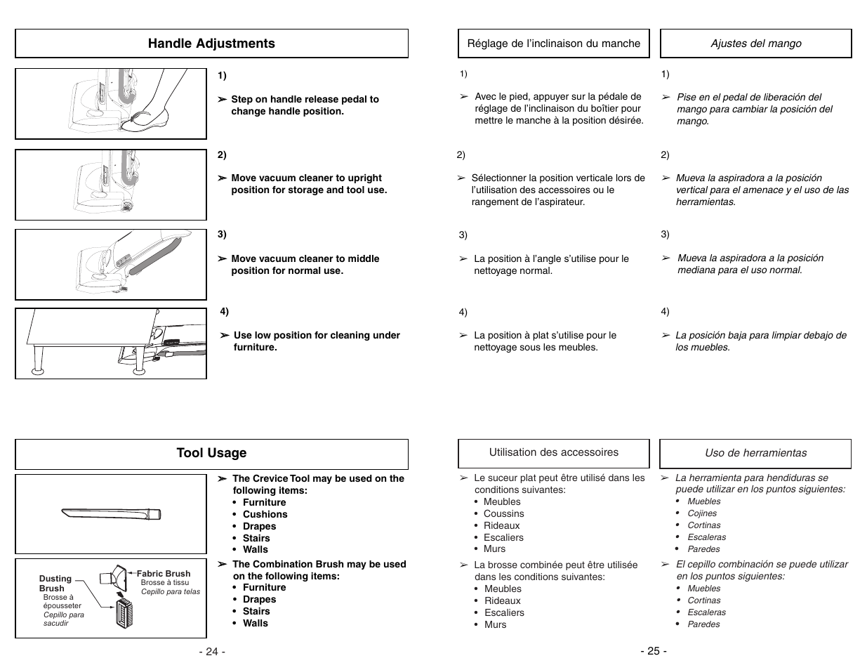 Réglage de l’inclinaison du manche, Utilisation des accessoires, Ajustes del mango | Uso de herramientas, Tool usage, Handle adjustments | Panasonic MC-UG775 User Manual | Page 25 / 48