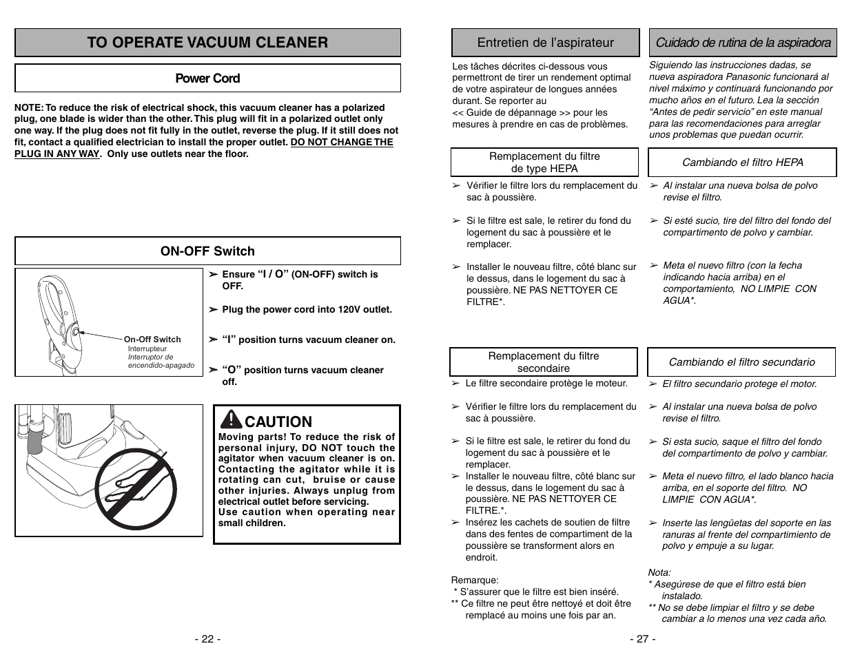 Entretien de l’aspirateur, Remplacement du filtre de type hepa, Remplacement du filtre secondaire | Cuidado de rutina de la aspiradora, Cambiando el filtro hepa, Cambiando el filtro secundario, Caution | Panasonic MC-UG775 User Manual | Page 27 / 48