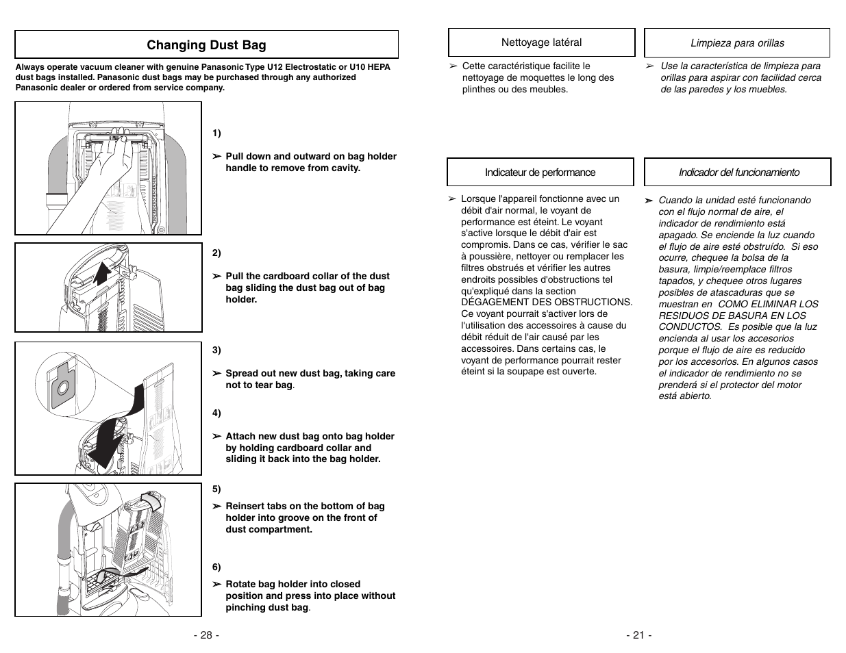 Changing dust bag | Panasonic MC-UG775 User Manual | Page 28 / 48