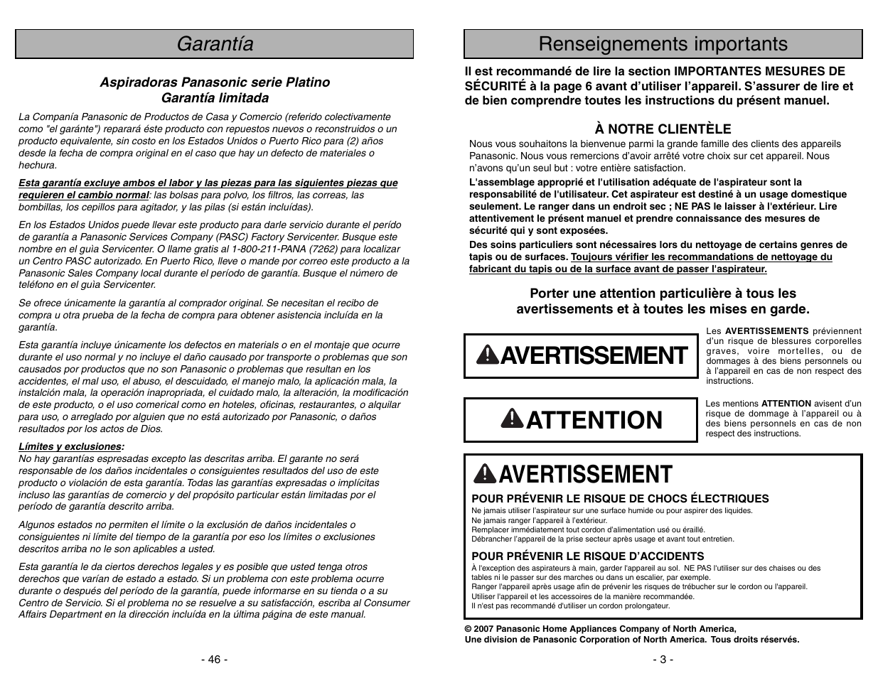 Renseignements importants, Avertissement, Attention | Garantía | Panasonic MC-UG775 User Manual | Page 3 / 48