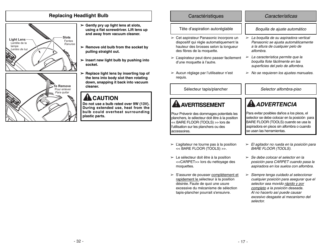 Replacing headlight bulb, Advertencia, Caution | Avertissement | Panasonic MC-UG775 User Manual | Page 32 / 48