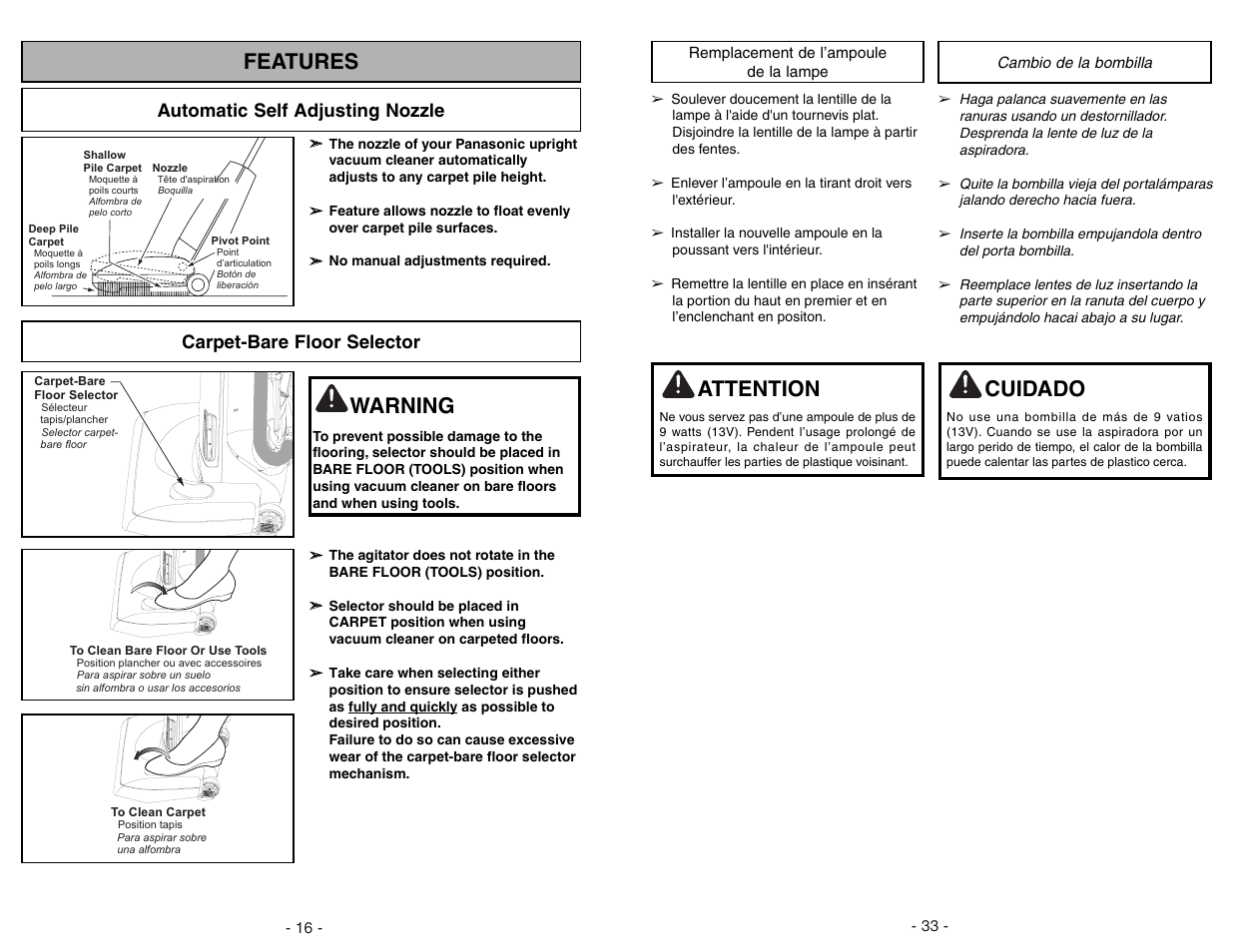 Remplacement de l’ampoulede la lampe, Cambio de la bombilla, Features | Attention, Cuidado, Warning, Automatic self adjusting nozzle, Carpet-bare floor selector | Panasonic MC-UG775 User Manual | Page 33 / 48