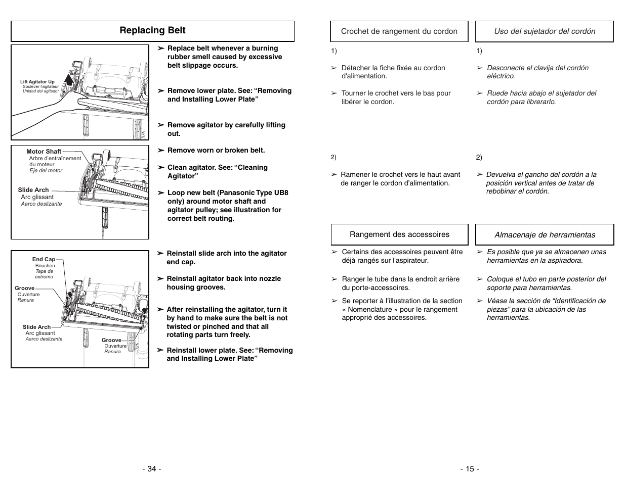 Replacing belt | Panasonic MC-UG775 User Manual | Page 34 / 48