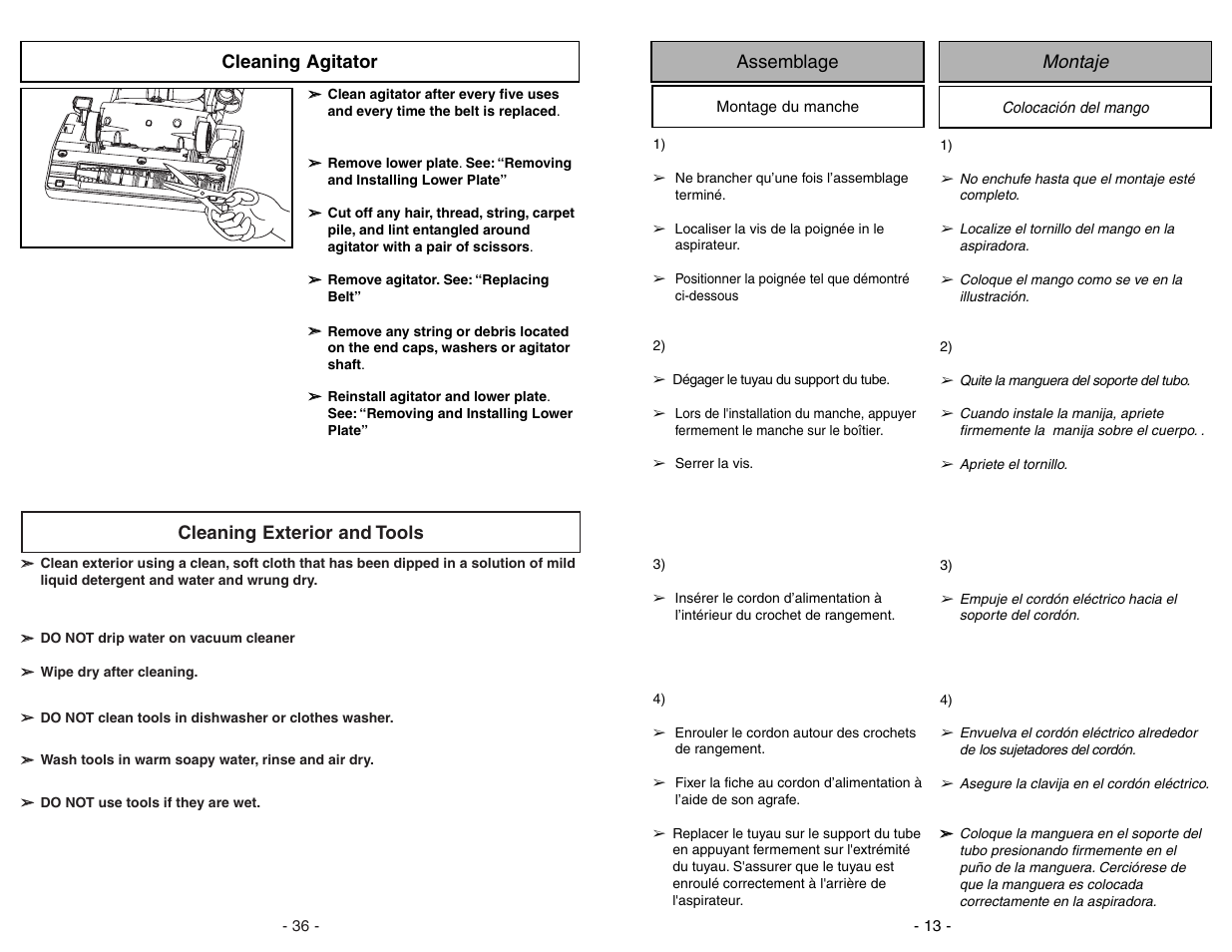 Cleaning agitator, Cleaning exterior and tools, Montaje assemblage | Panasonic MC-UG775 User Manual | Page 36 / 48