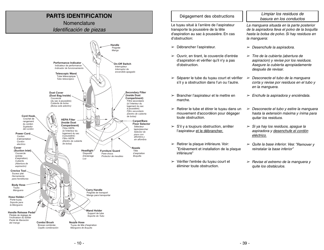 Dégagement des obstructions, Limpiar los residuos debasura en los conductos, Parts identification | Nomenclature identificación de piezas | Panasonic MC-UG775 User Manual | Page 39 / 48
