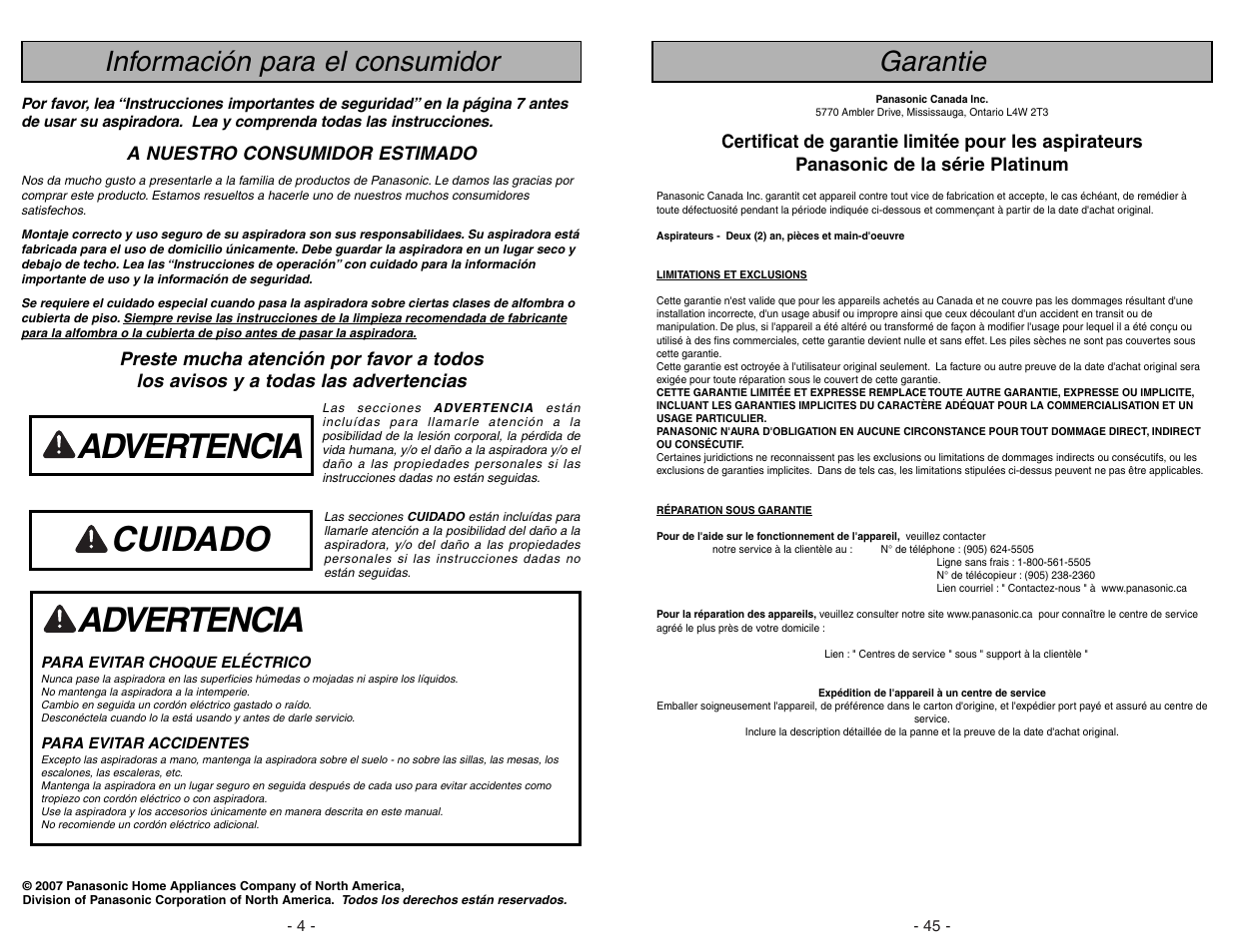 Información para el consumidor, Advertencia, Cuidado | Garantie | Panasonic MC-UG775 User Manual | Page 4 / 48
