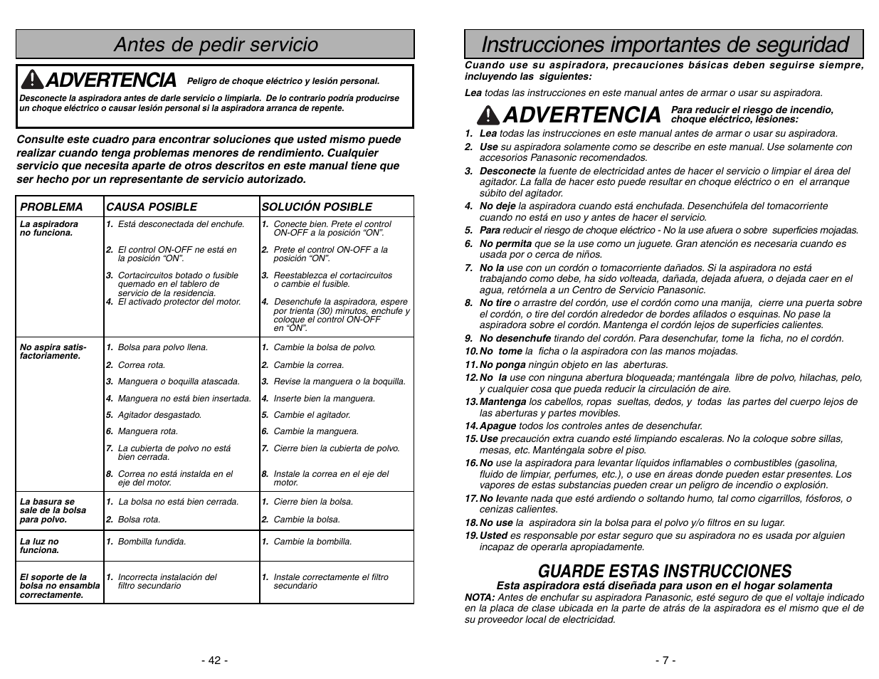 Antes de pedir servicio, Instrucciones importantes de seguridad, Advertencia | Guarde estas instrucciones | Panasonic MC-UG775 User Manual | Page 42 / 48