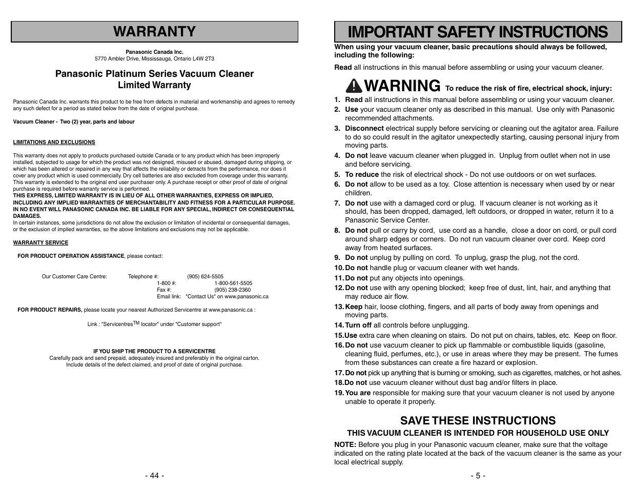 Warning, Important safety instructions, Warranty | Save these instructions | Panasonic MC-UG775 User Manual | Page 44 / 48