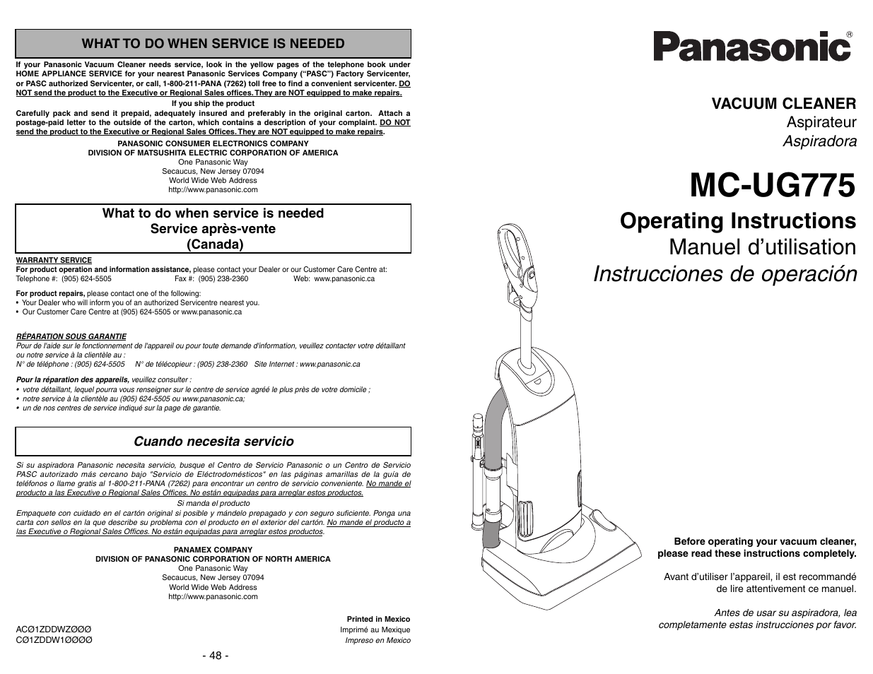 What to do when service is needed, Service après-vente, Cuando necesita servicio | Mc-ug775, Aspiradora, Vacuum cleaner aspirateur | Panasonic MC-UG775 User Manual | Page 48 / 48