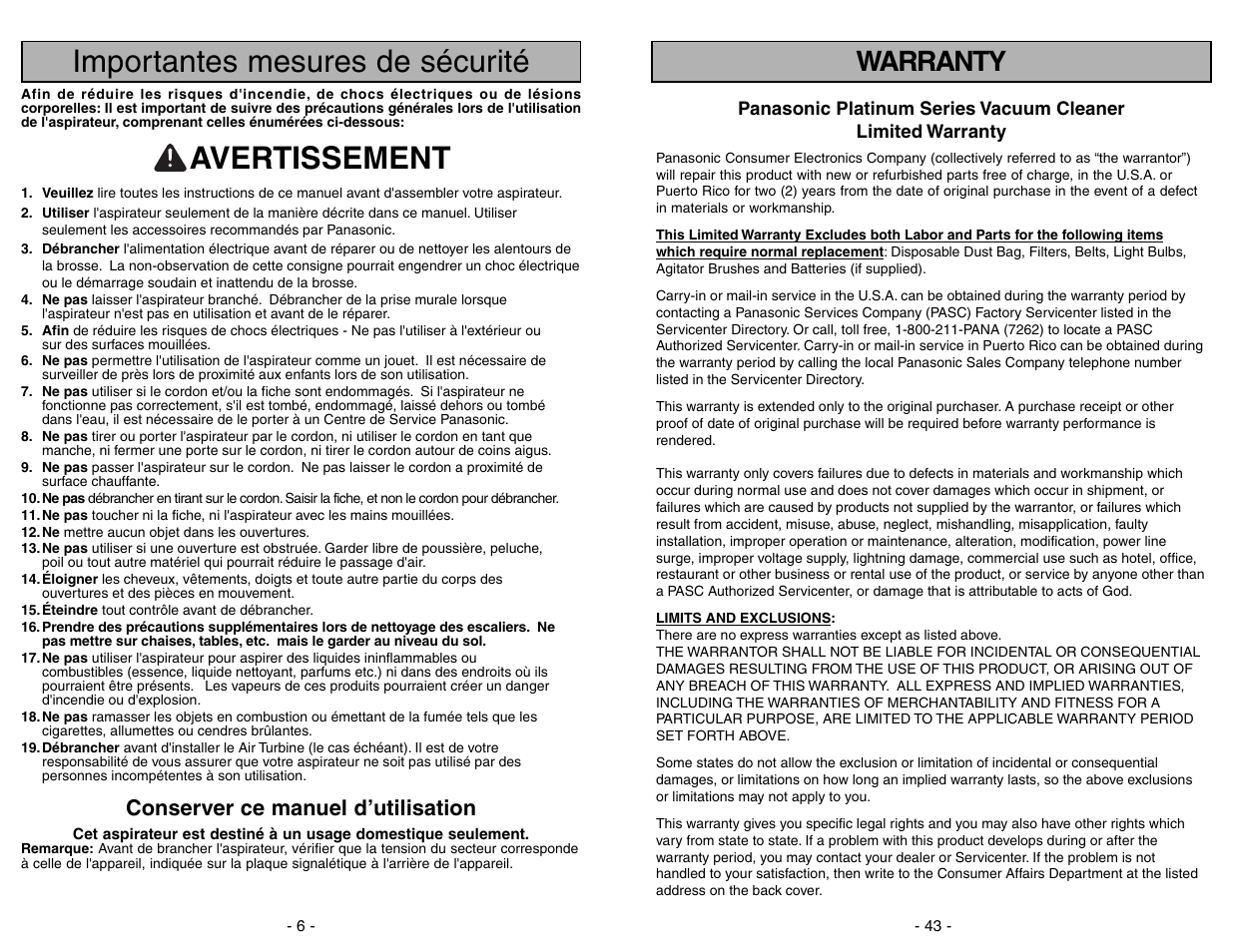 Importantes mesures de sécurité, Avertissement, Warranty | Conserver ce manuel d’utilisation | Panasonic MC-UG775 User Manual | Page 6 / 48