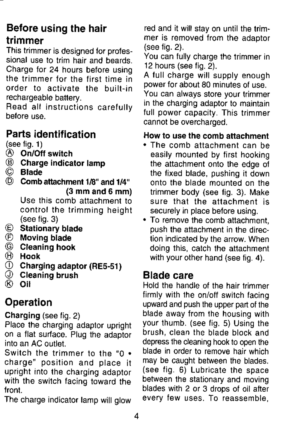 Before using the hair trimmer, Parts identification, Operation | Blade care | Panasonic ER121 User Manual | Page 4 / 16