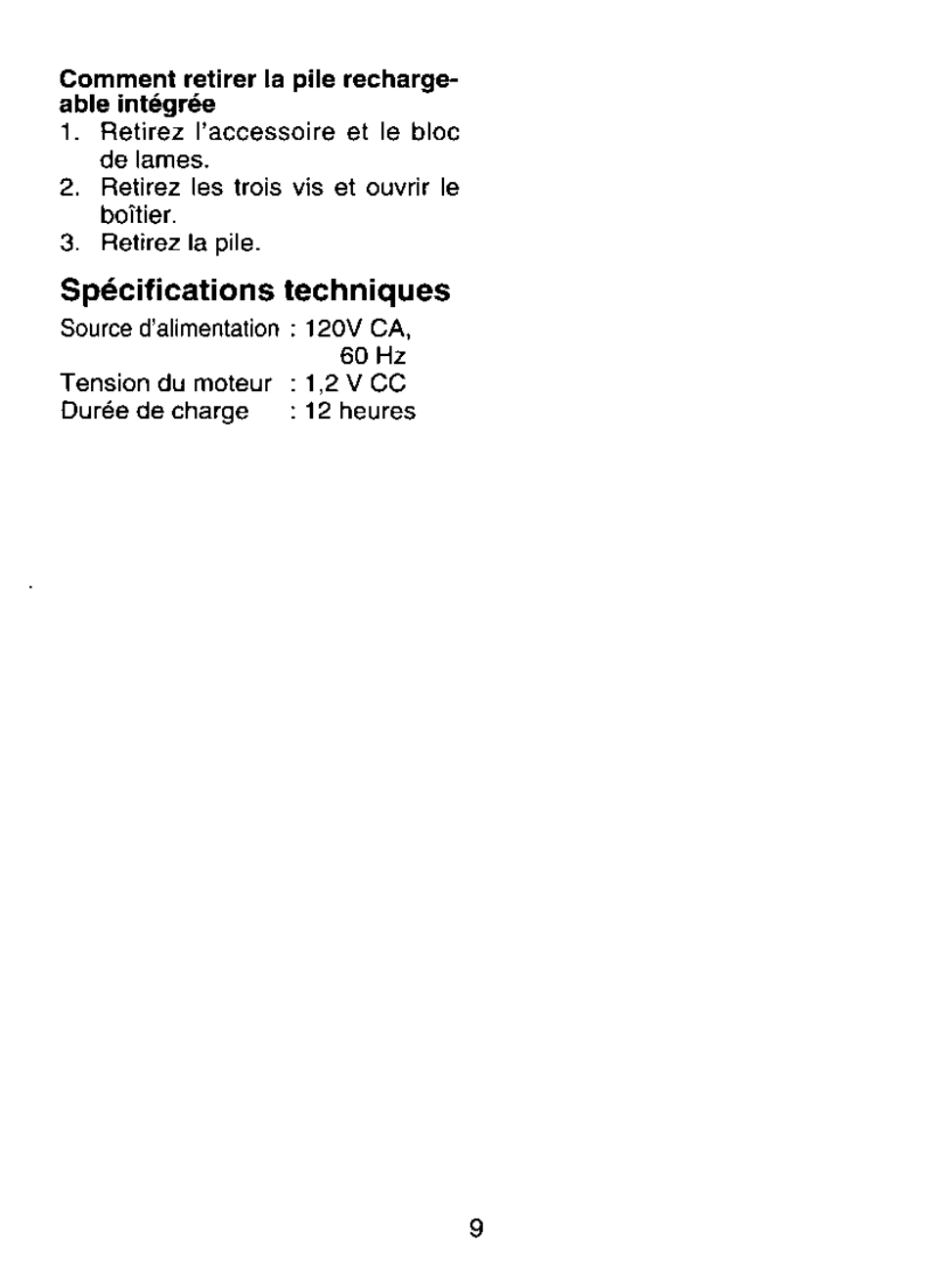 Spécifications techniques | Panasonic ER121 User Manual | Page 9 / 16