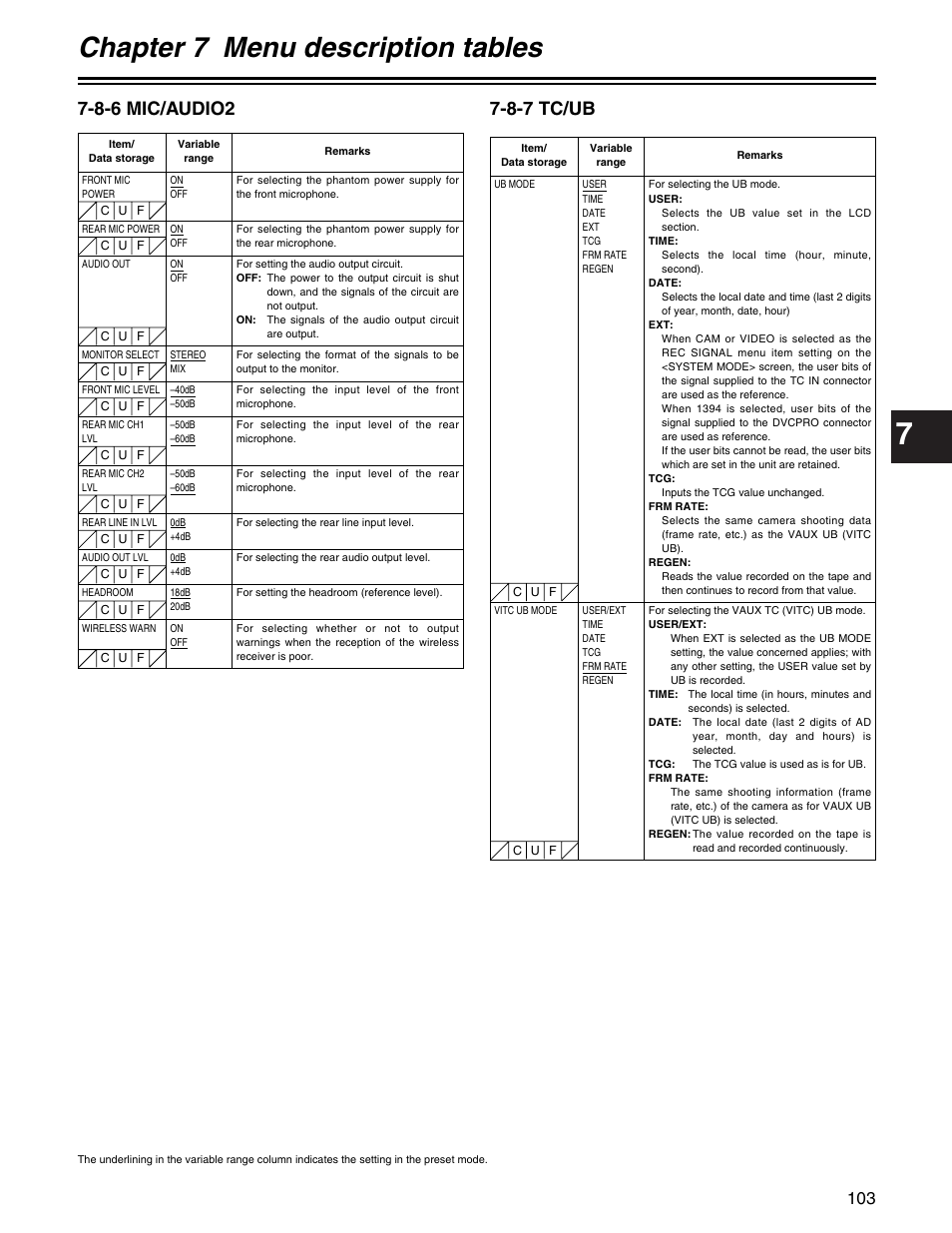 Chapter 7 menu description tables, 8-7 tc/ub, 8-6 mic/audio2 | Panasonic AJ- E User Manual | Page 103 / 108