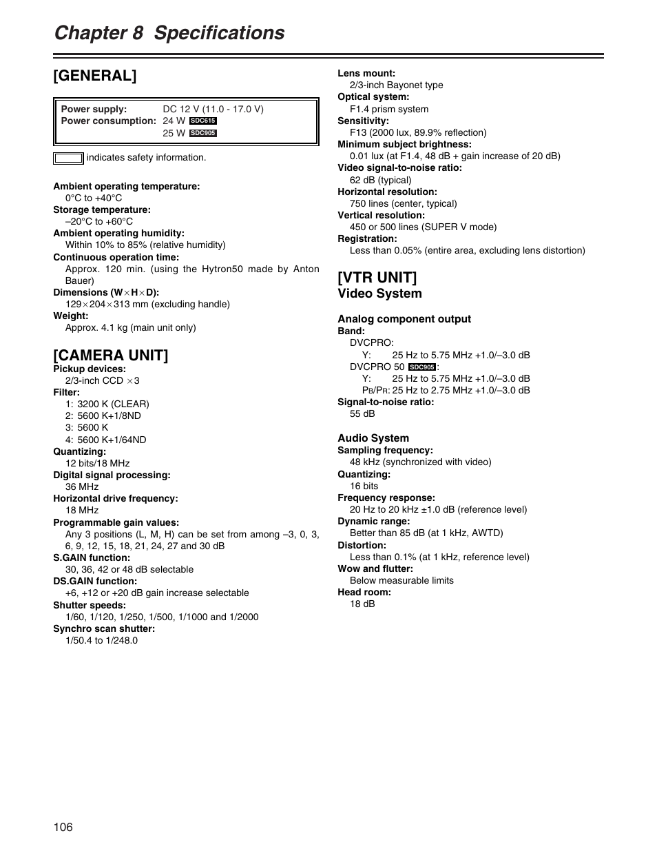 Chapter 8 specifications, General, Camera unit | Vtr unit, Video system | Panasonic AJ- E User Manual | Page 106 / 108