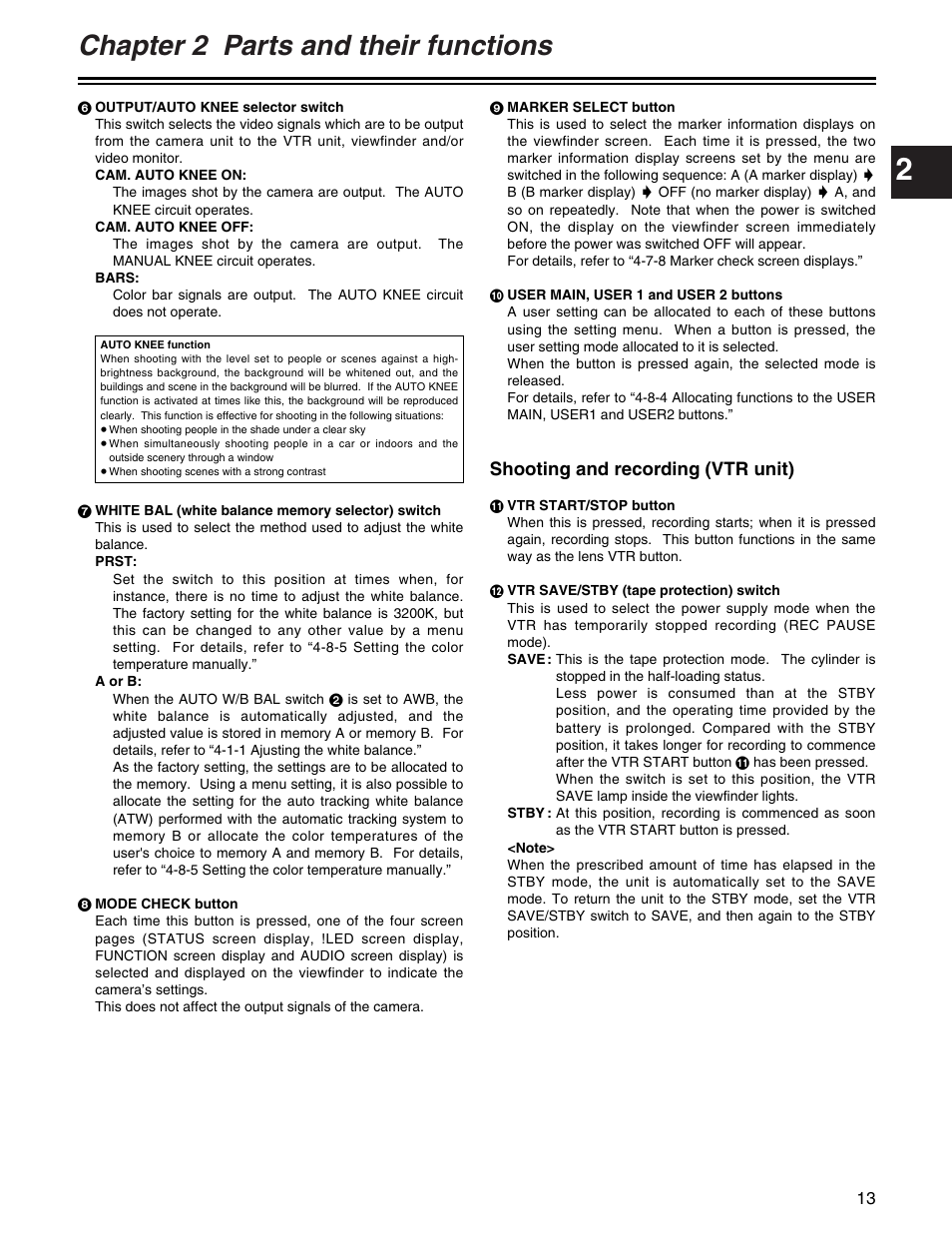 Chapter 2 parts and their functions, Shooting and recording (vtr unit) | Panasonic AJ- E User Manual | Page 13 / 108