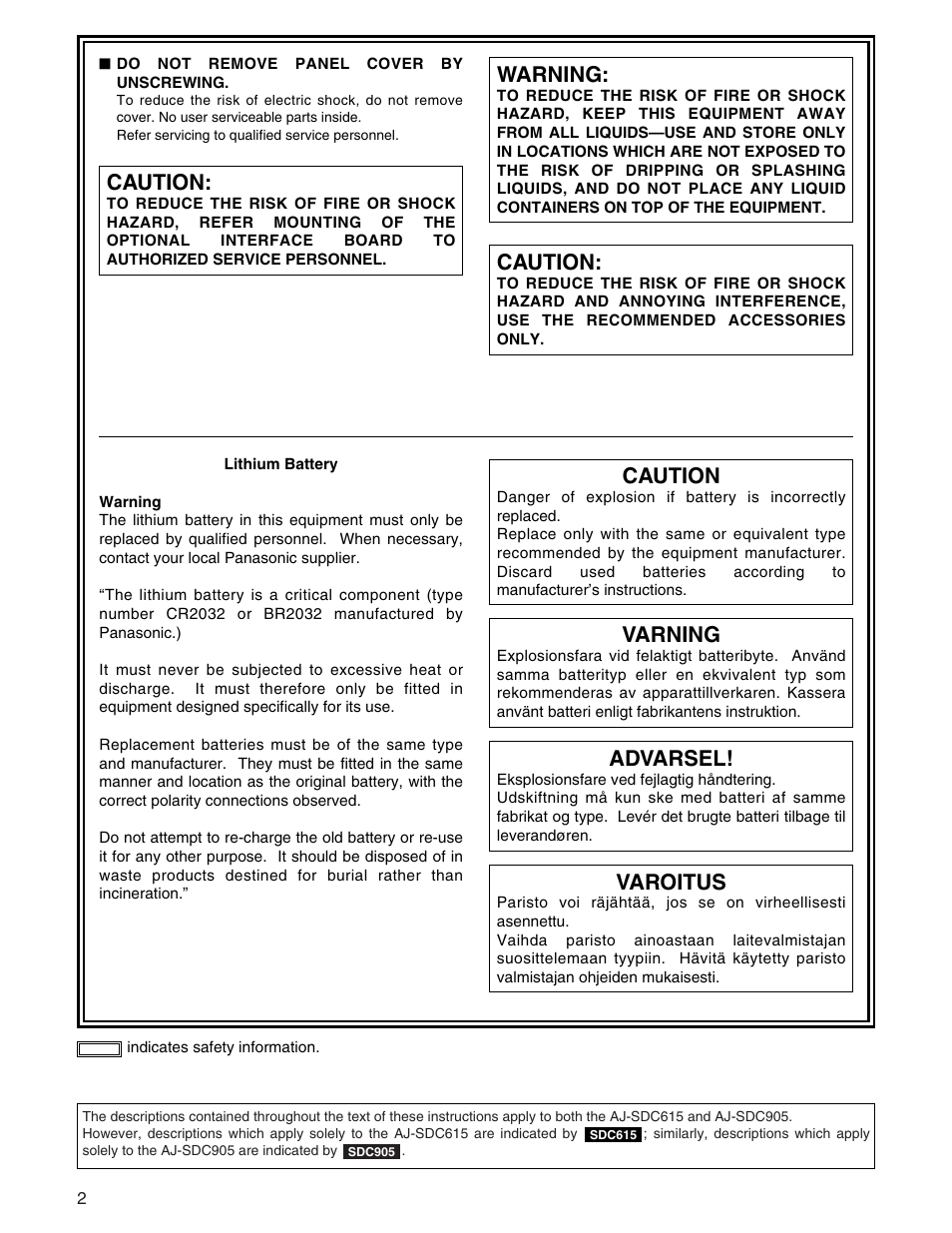 Caution, Varning, Advarsel | Varoitus, Warning | Panasonic AJ- E User Manual | Page 2 / 108