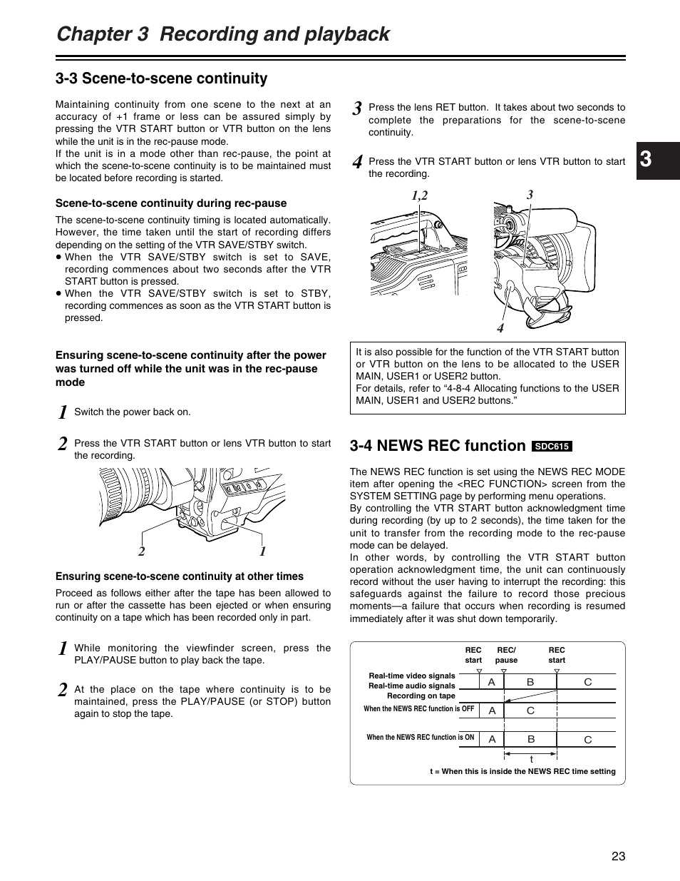 Chapter 3 recording and playback, 3 scene-to-scene continuity, 4 news rec function | Panasonic AJ- E User Manual | Page 23 / 108