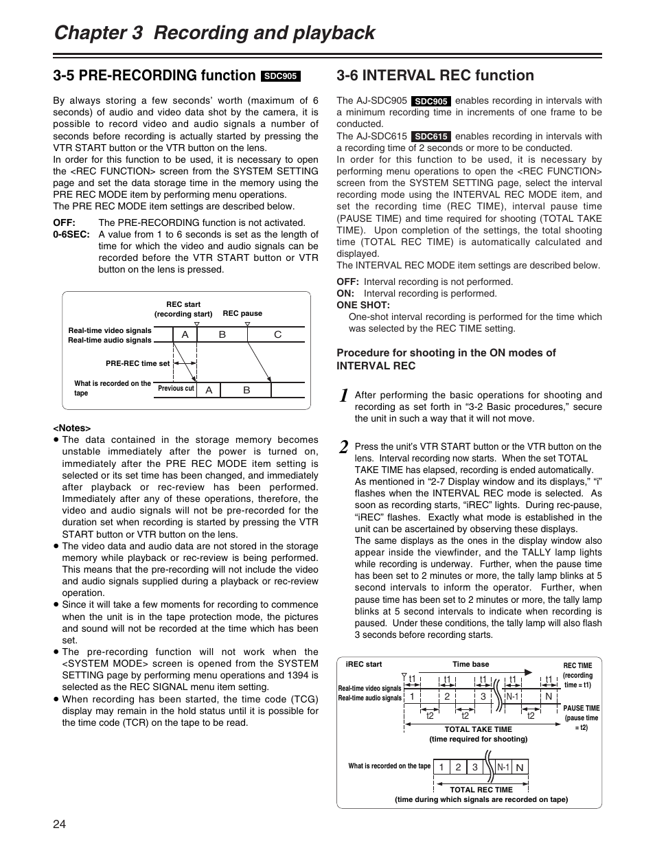 Chapter 3 recording and playback, 6 interval rec function, 5 pre-recording function | Panasonic AJ- E User Manual | Page 24 / 108
