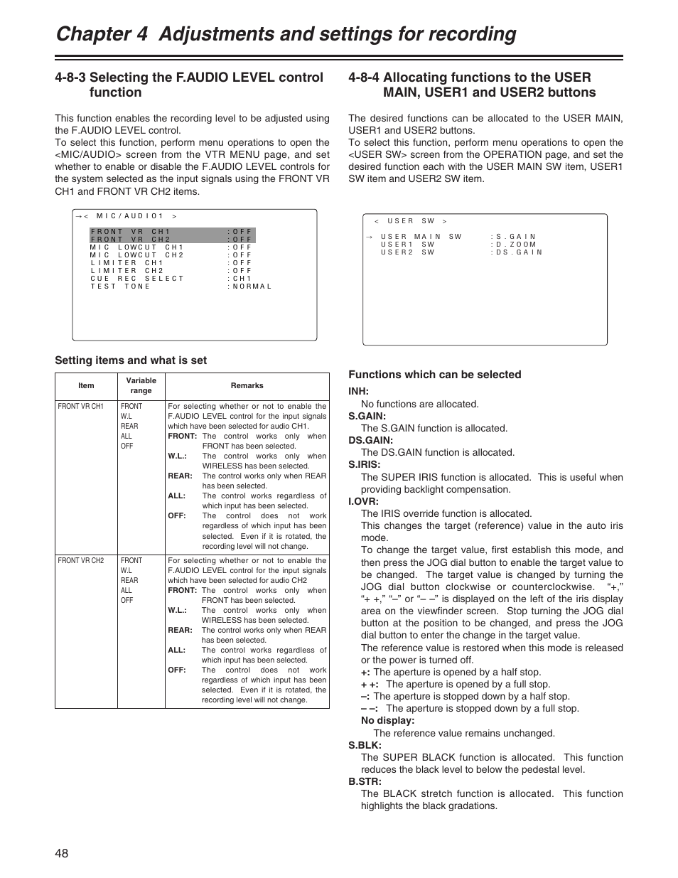 Chapter 4 adjustments and settings for recording, 8-3 selecting the f.audio level control function | Panasonic AJ- E User Manual | Page 48 / 108