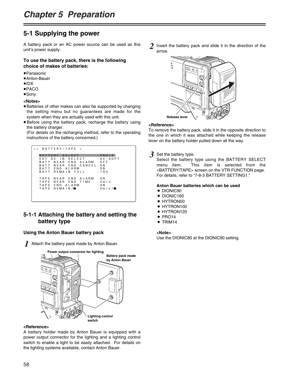 Chapter 5 preparation, 1 supplying the power | Panasonic AJ- E User Manual | Page 58 / 108