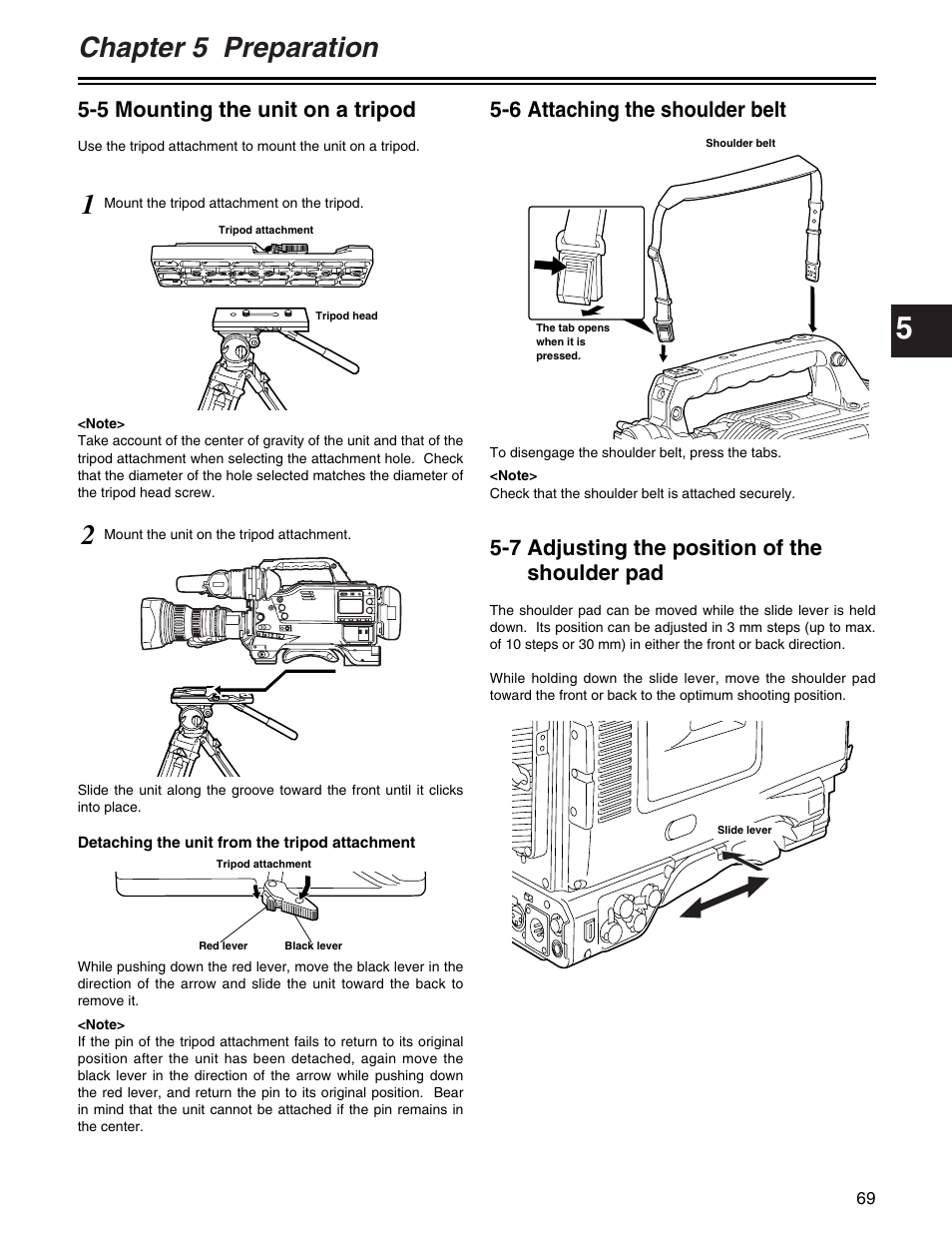 Chapter 5 preparation, 5 mounting the unit on a tripod, 7 adjusting the position of the shoulder pad | 6 attaching the shoulder belt | Panasonic AJ- E User Manual | Page 69 / 108