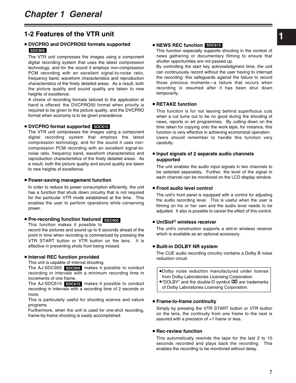 Chapter 1 general, 2 features of the vtr unit | Panasonic AJ- E User Manual | Page 7 / 108