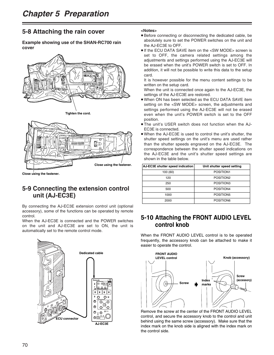 Chapter 5 preparation, 8 attaching the rain cover, 9 connecting the extension control unit (aj-ec3e) | 10 attaching the front audio level control knob | Panasonic AJ- E User Manual | Page 70 / 108