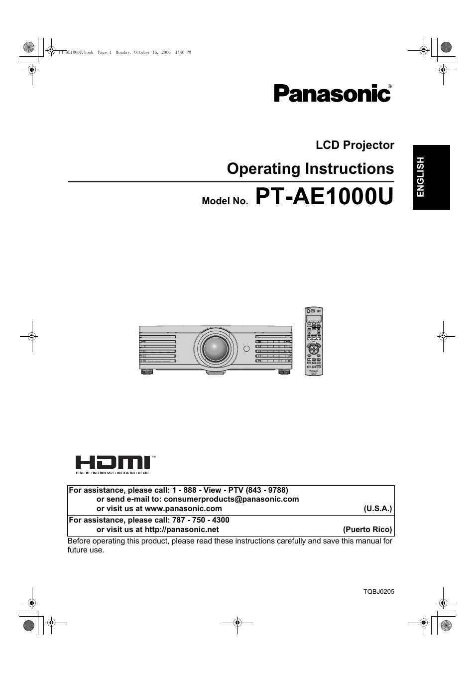 Panasonic PT-AE1000U User Manual | 56 pages