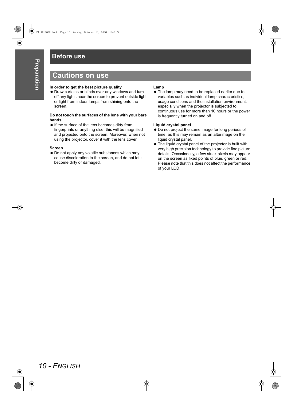10 - e, Cautions on use, Before use | Nglish | Panasonic PT-AE1000U User Manual | Page 10 / 56