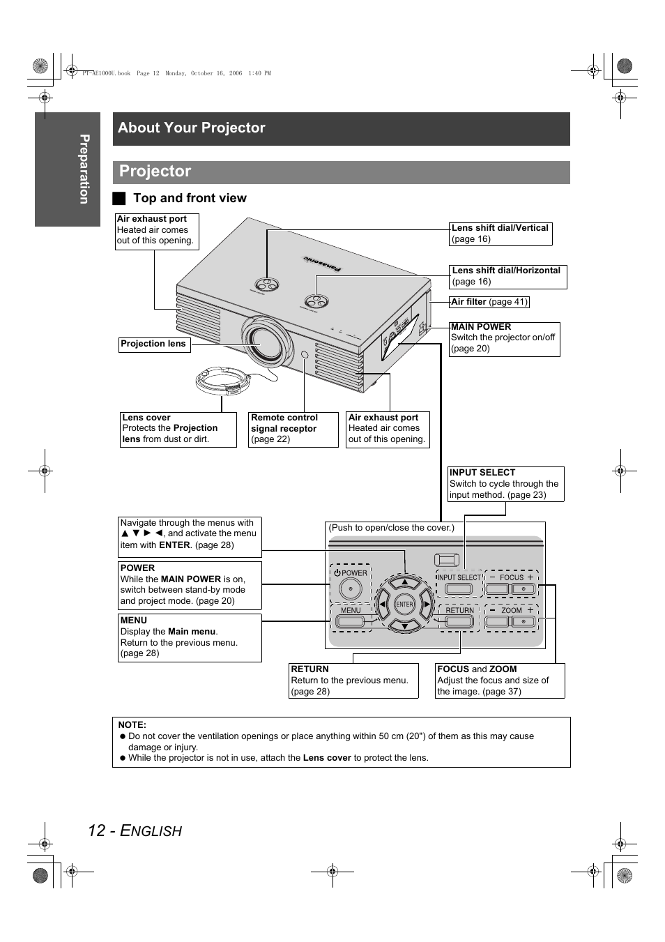 12 - e, Projector, About your projector | Nglish, Preparation j top and front view | Panasonic PT-AE1000U User Manual | Page 12 / 56
