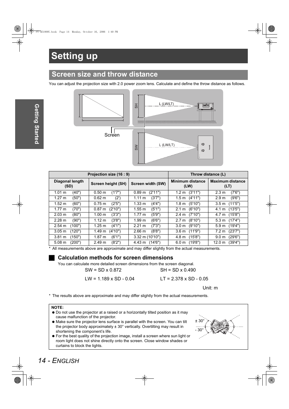 Getting started, Setting up, 14 - e | Screen size and throw distance, Nglish, Jcalculation methods for screen dimensions | Panasonic PT-AE1000U User Manual | Page 14 / 56