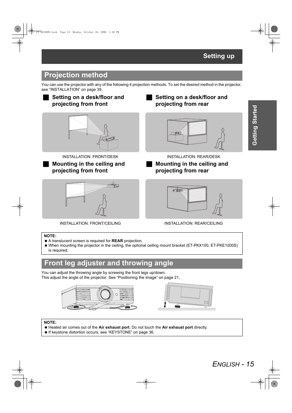 Projection method, Front leg adjuster and throwing angle, Setting up | Panasonic PT-AE1000U User Manual | Page 15 / 56